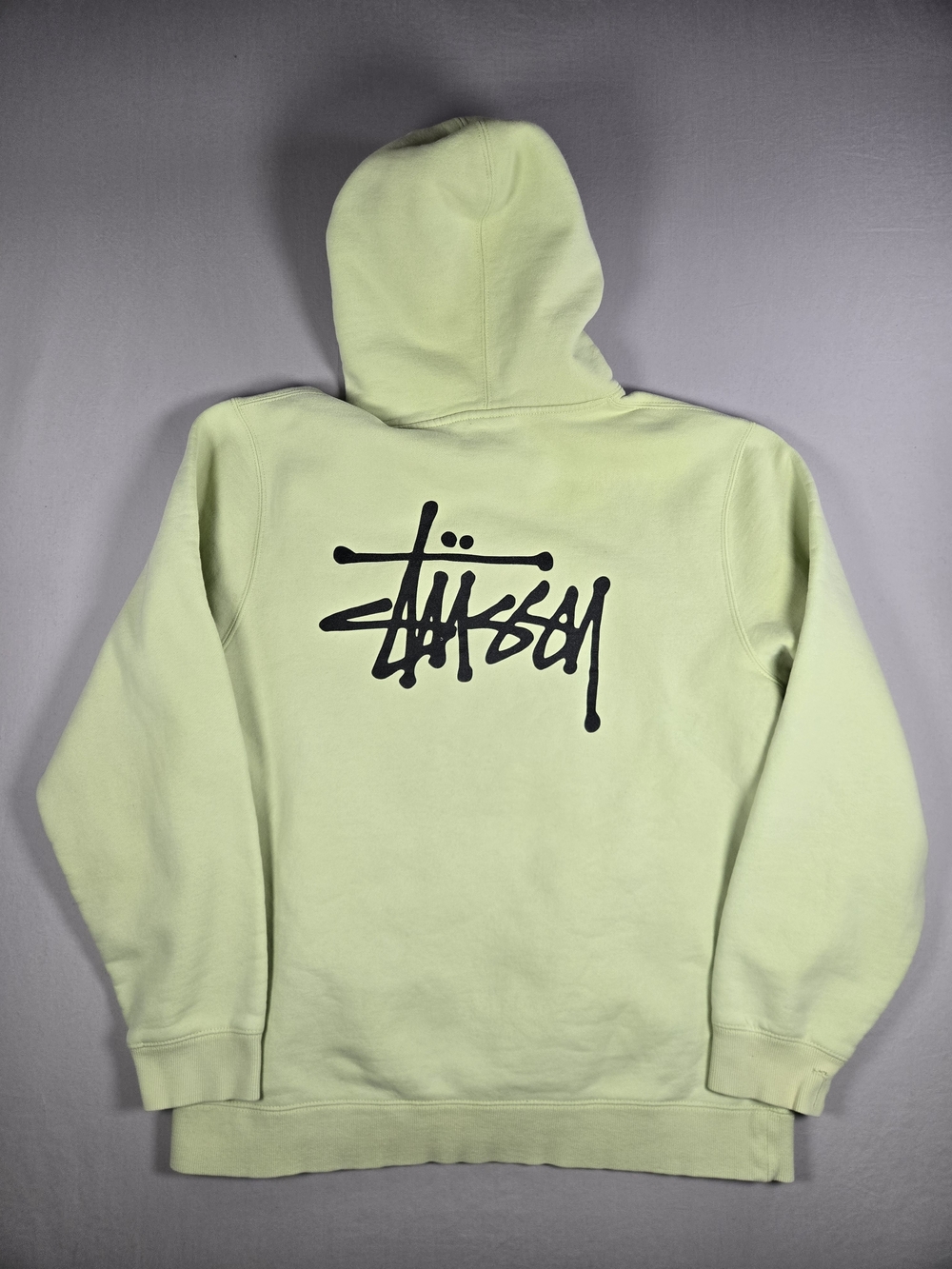 Stussy Big Logo Hoodie Pale Green Lime Faded Skater Grunge Streetwear Size M